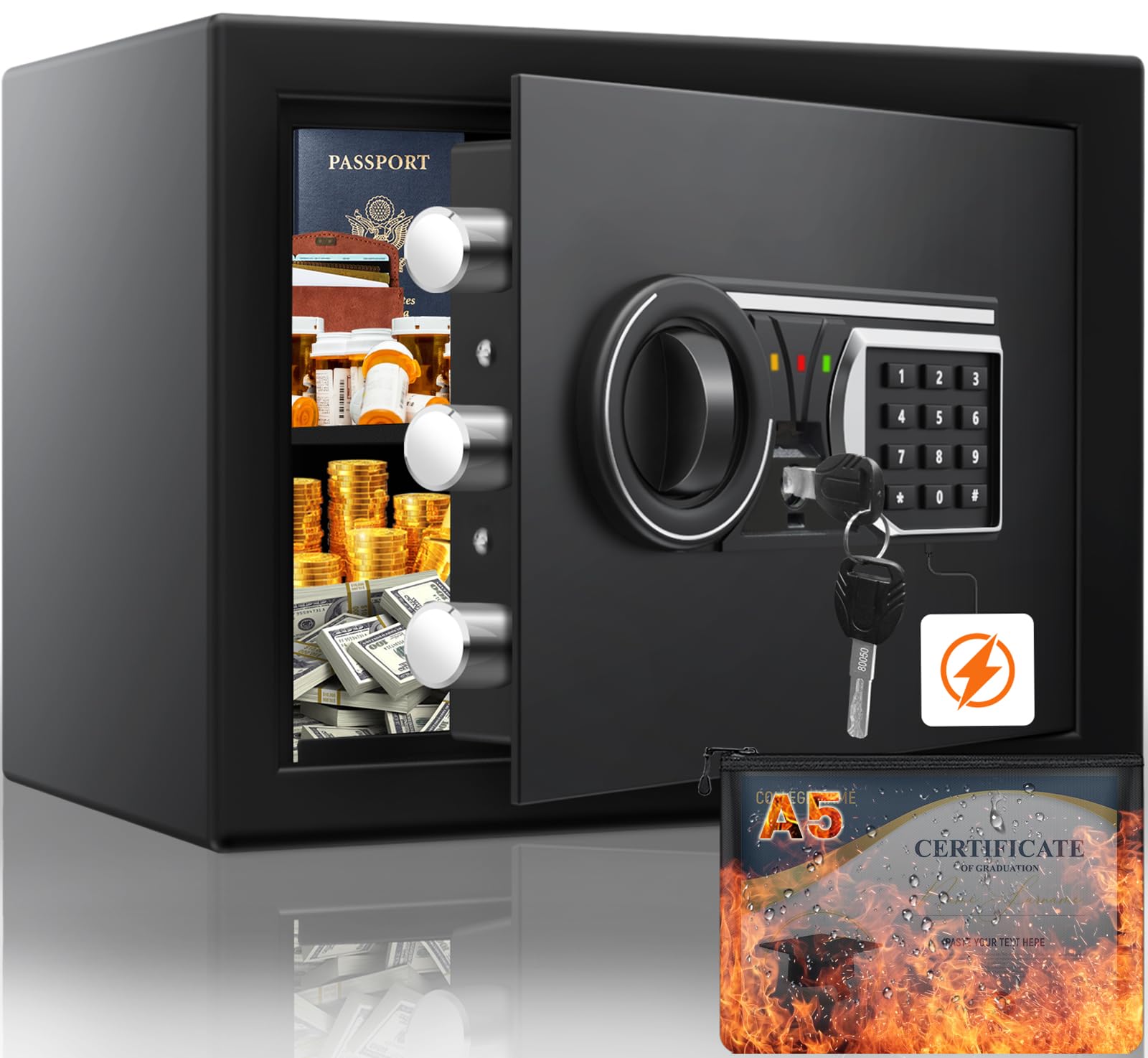 Photo 1 of 1.2 Cu Ft Fireproof Home Safe, Small Safe with Keypad and Removable Shelf, Digital Home Security Safety Box for Money Firearm Medicines Valuables
