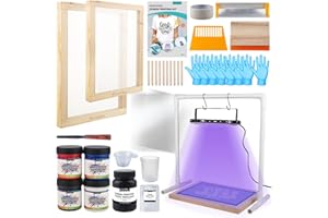 Ecoofor 47PCS All-in-One Screen Printing Kit with 50W UV Exposure Lamp, 2 Sizes Wood Screen Printing Frames, 4 Screen Printing Ink Colors, 10 A4 Transparency Films & Tools