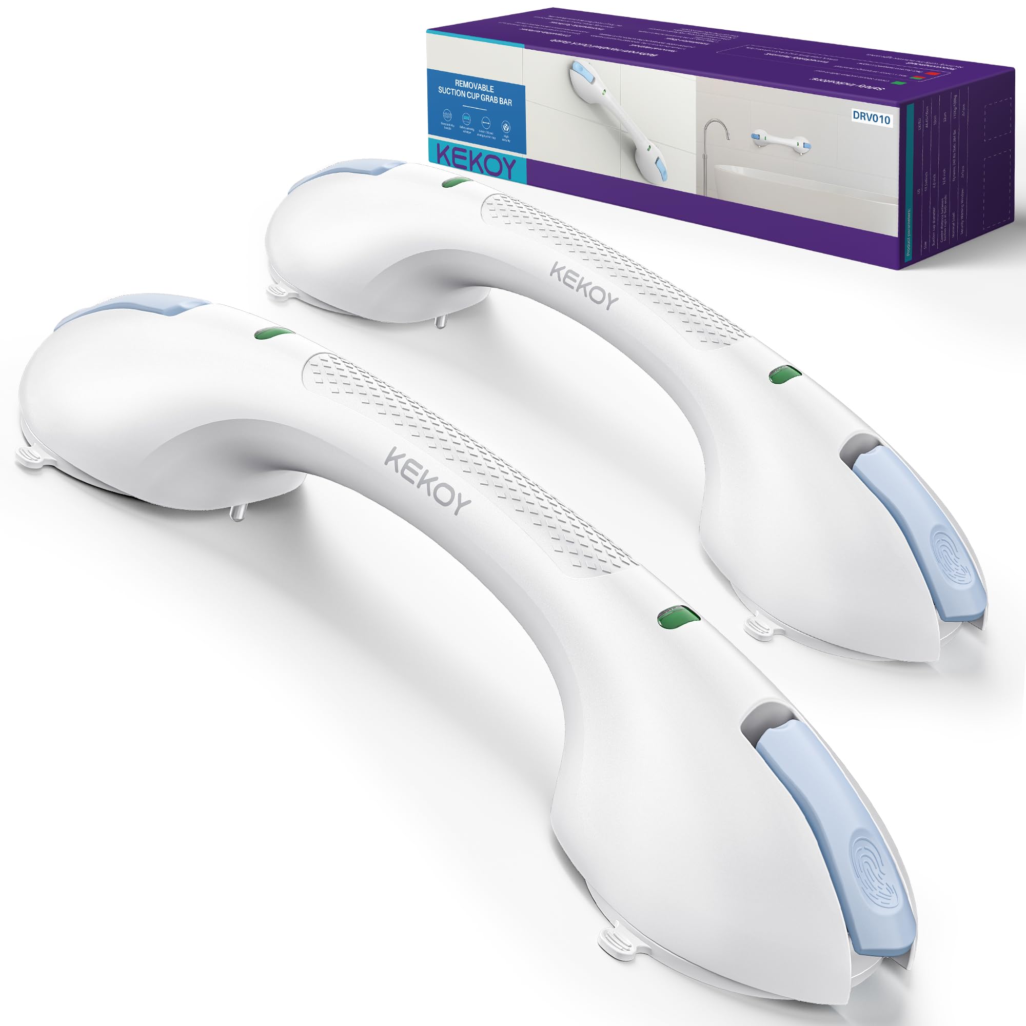 KEKOY 17.5 Inch Suction Grab Bars for Bathtubs and Showers with Indicator 2 Pack- Heavy Duty Safety Shower Handle for Seniors and Elderly, Handicap Bars for Bathroom, No Drilling and Removable, Blue