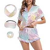 MORFORU Silk Pajamas for Women Satin Pajama Set 2 piece Short Sleeve Ruffle Shorts Button Down Pjs Sets Sleepwear