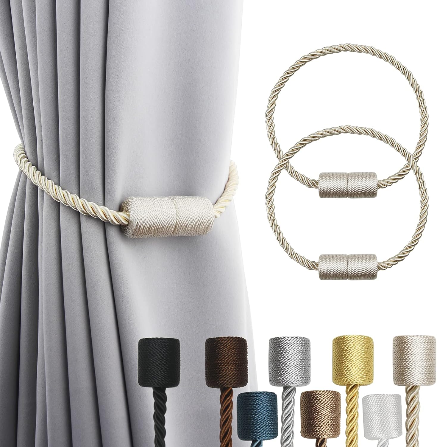 Window Treatment Hardware - Porlau 2 Pack Strong Magnetic Curtain Tiebacks Outdoor Elegant Decorative Tie Backs Modern Rope Tiebacks for Drapes Window Curtain Holdbacks for Draperies- Beige