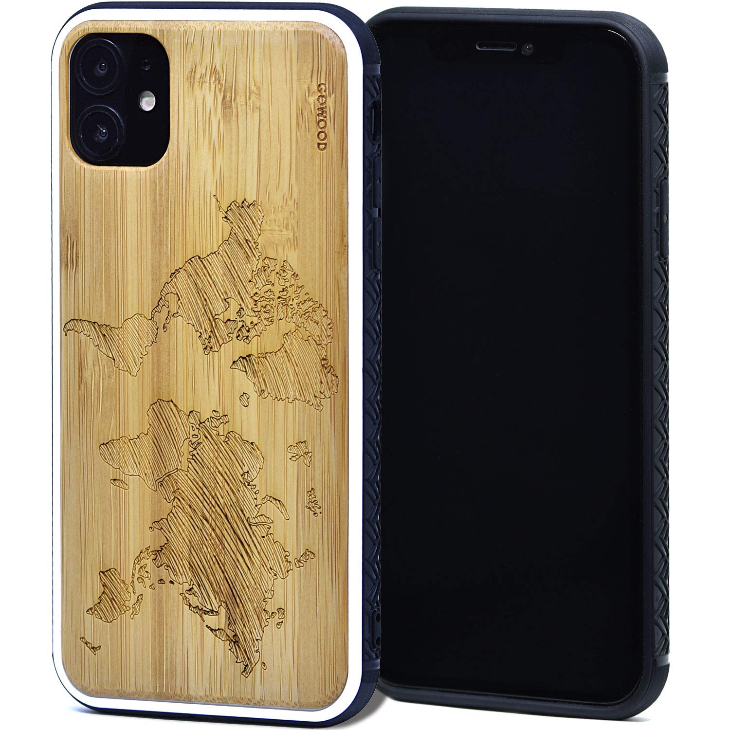 GOWOOD Wooden Case for iPhone 11 with Shock Absorbing Anti-Slip TPU Bumper and World Map Engraved Bamboo Wood Backside