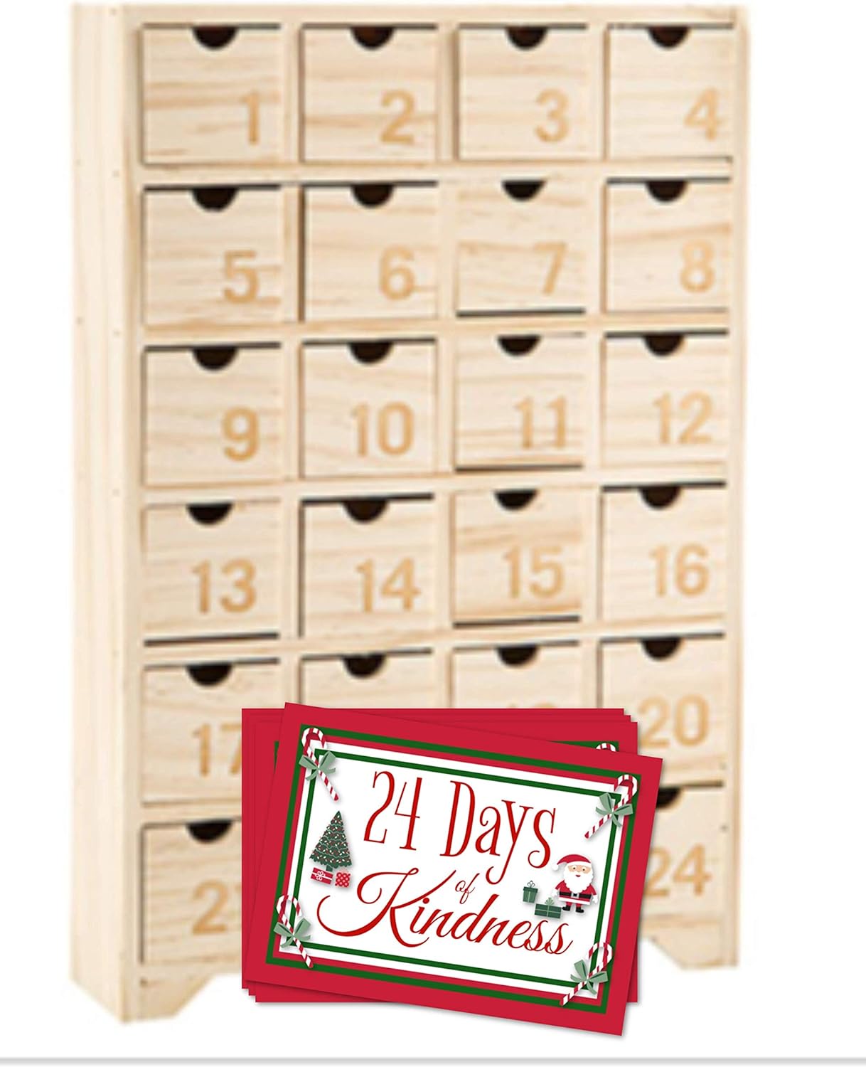 HH Merch Christmas Advent Calendar 2019 Fillable Holiday Wooden Kids Advent Calendar with Drawers Advent Calendar DIY with Kindness Matters Cards Deck Set of 24