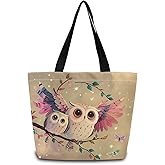 ZhuVantrix Owl Tote Bag Reusable Grocery Bags Aesthetic Shopping Shoulder Handbag with Interior Zipper Pocket Stylish Owl Pattern Present for Women