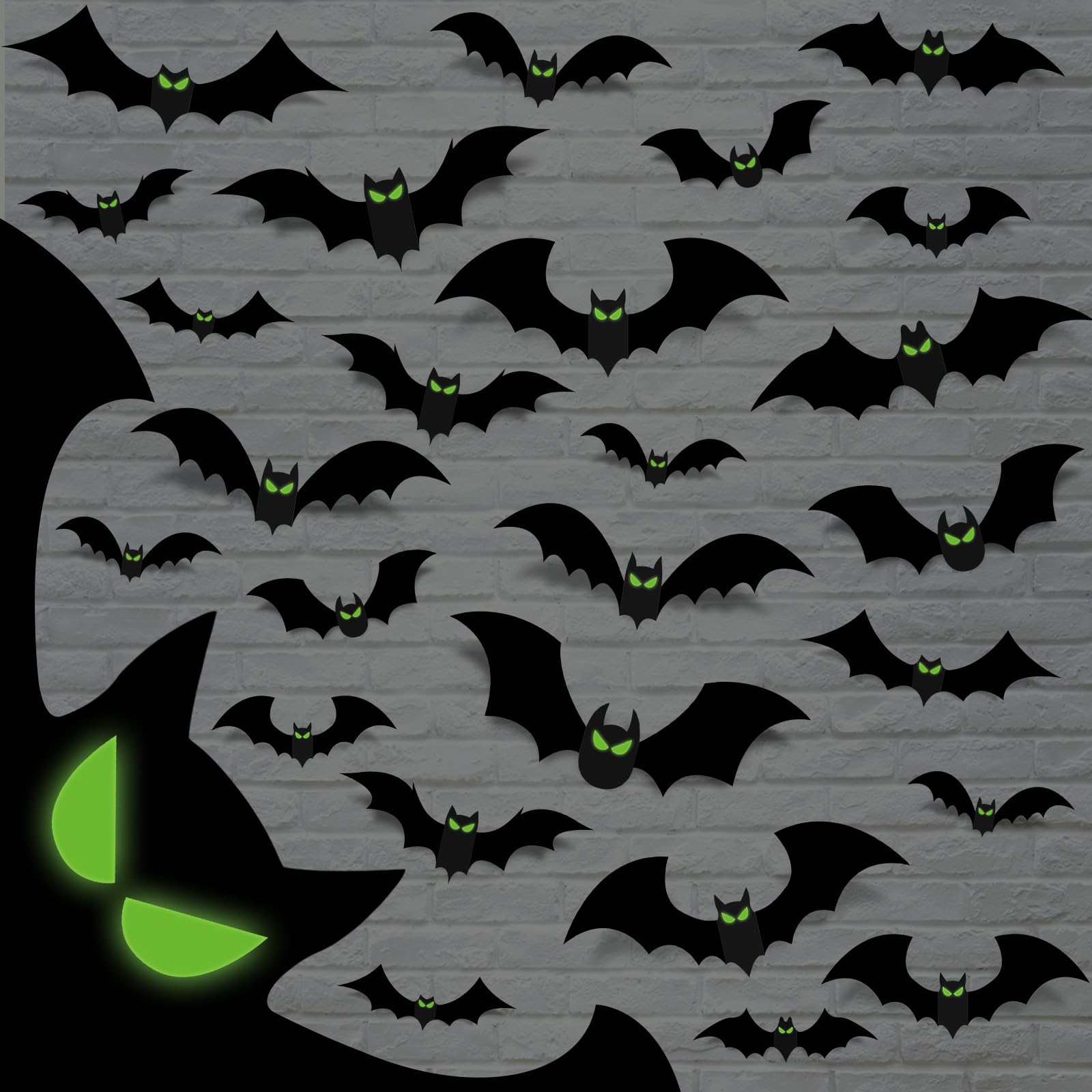 Photo 1 of 132 Pcs Halloween Bats Wall Decor With Glow in The Dark Eyes - Large 3D Bat Stickers and Decals for Indoor Party Decorations - PVC Black Bats