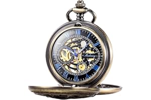 SIBOSUN Pocket Watch Skeleton Mechanical Double Case Hand-Wind Roman Numerals Antique Chain Mens