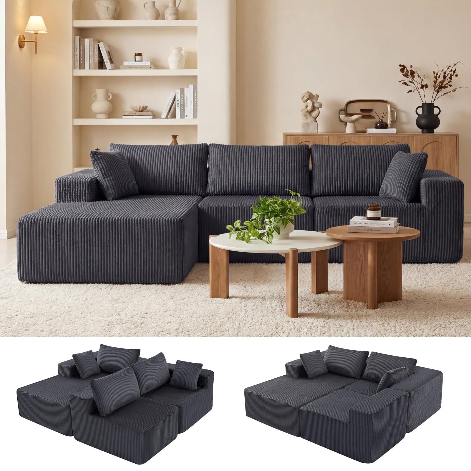 Photo 1 of ** SELLING FOR PARTS AS PARTIAL SET. MISSING MIDDLE SECTION. ** DUMOS 108" Boneless Couch, Cloud Sectional Couch with L-Shape Chaise, Modular Sectional Sofa with Deep Seat, Upholstered Couch for Living Room Bedroom, No Assembly Required (Grey, Left Facing