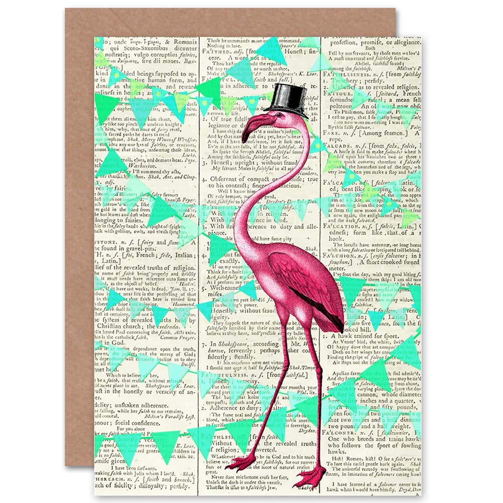 Wee Blue Coo Greetings Birthday Gift Upcycle Dictionary Flamingo Bunting Party Sealed Greeting Card Plus Envelope Blank inside