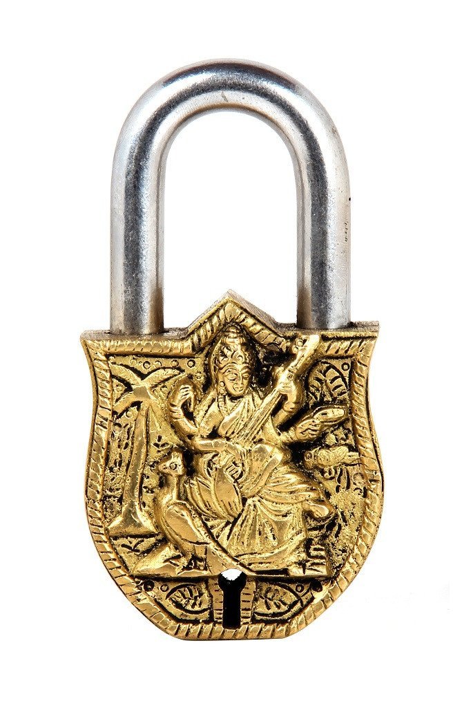 Purpledip Handmade Brass Antique Padlock with Saraswati (Hindu Goddess of Knowledge and Wisdom) Relief (10008)