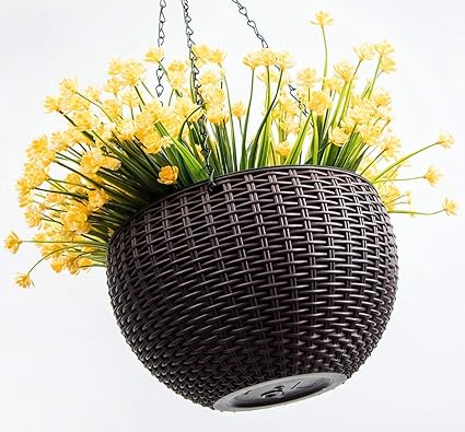 LAVNIK Hooked Plastic Hanging Planter, Hanging Flower Pot, Self-Watering Indoor Outdoor Flower Basket With Hook Chain, Water Reservoir And Drainage Plug For Home Gardener Grower Planter Office Balcony Decoration - Dark Brown