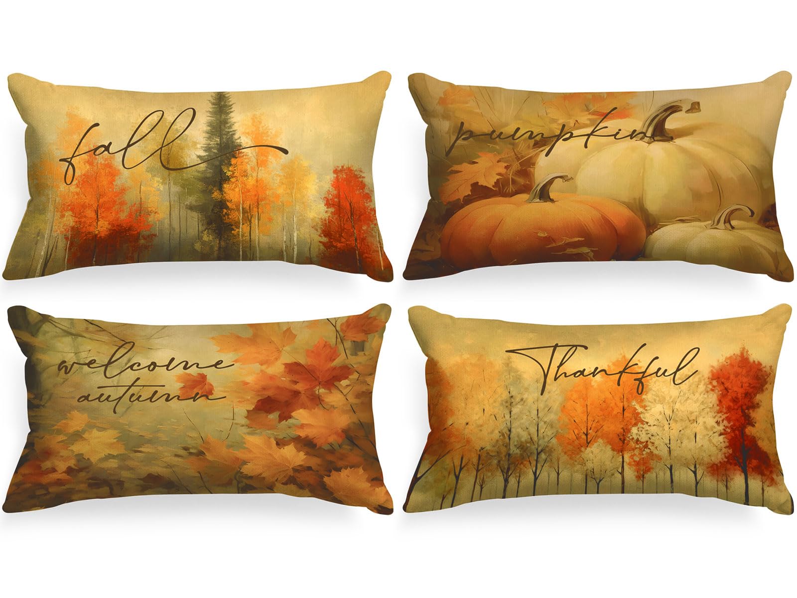 Photo 1 of Benjia Fall 12x24 Throw Pillow Covers Set of 4, Watercolor Forest Pumpkin Decorative Holiday Pillow Case 12 x 24 Autumn Cushion Covers Thanksgiving Pillowcase for Indoor Home Bedroom Couch Sofa Decor