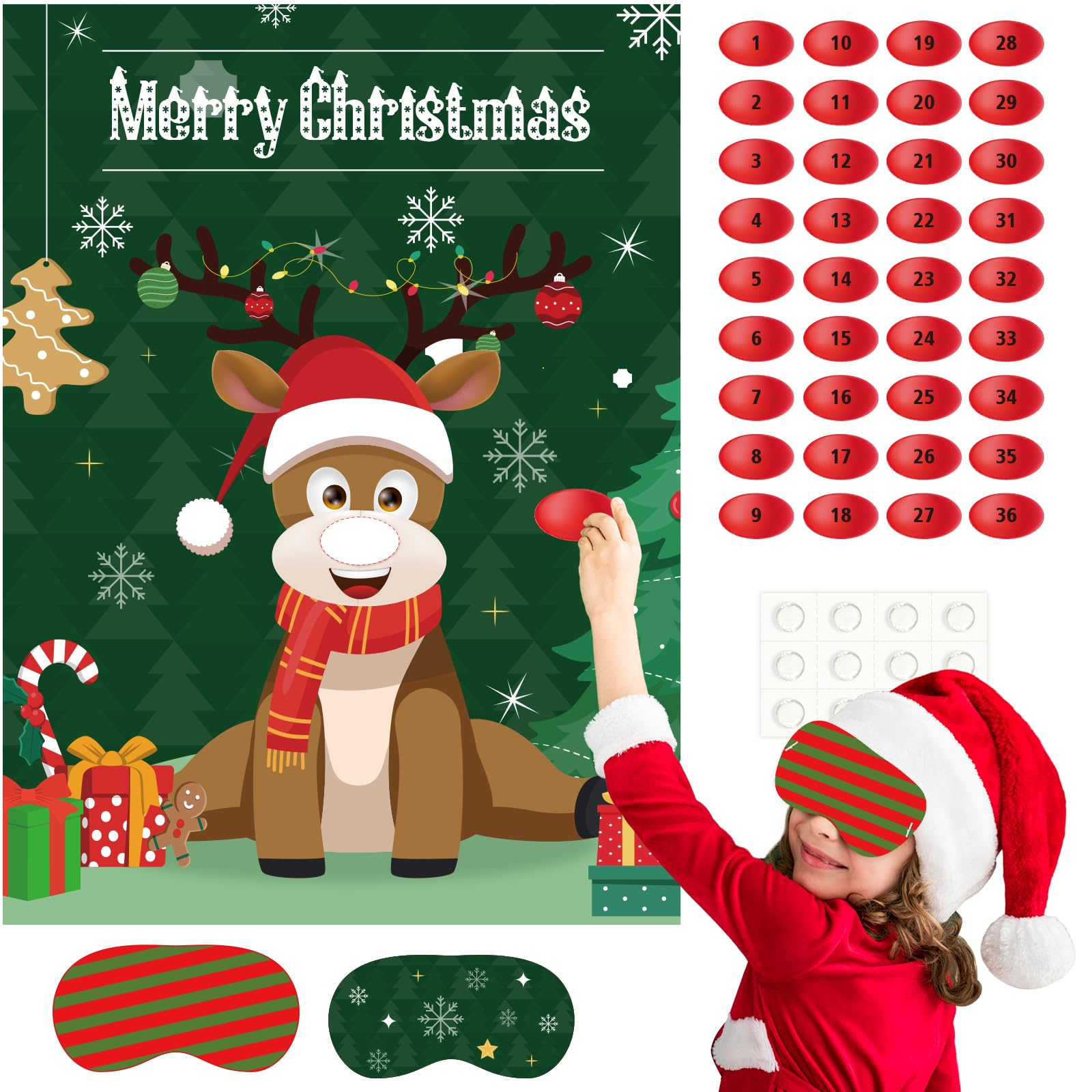 ASTARON Christmas Party Games for Kids, Pin the Hat on Reindeer with 36 Stickers 2 Blindfolds Christmas Holiday Party Decorations School Classroom Activities