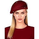 HIMESPORT Wool Felt Beret Hat for Women - Veil Beads Decor, Winter Formal Church Tea Party Fascinator, Wedding Cocktail Dress