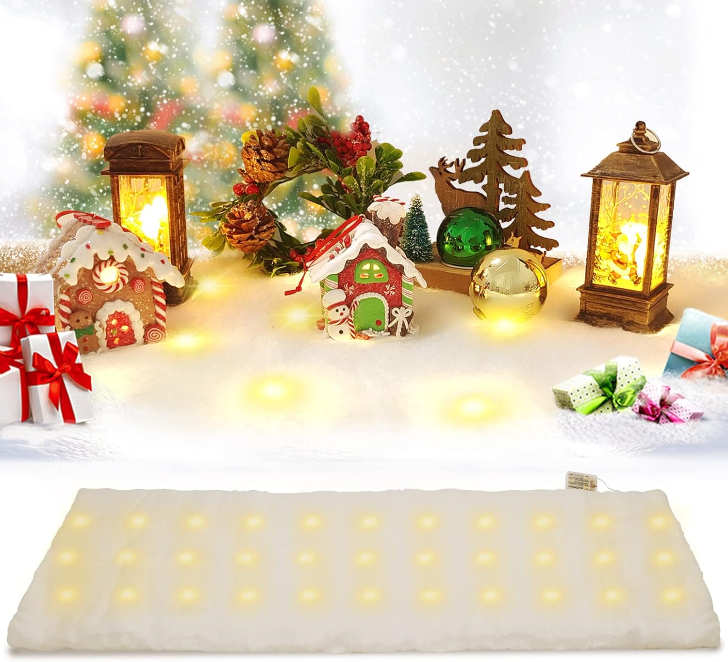 Artificial Snow - Christmas Snow Blanket with LED Lights Lighted Snow Table Runner Xmas Embedded in The Christmas Fake Snow Decoration Artificial Snow Blanket for Winter Wonderland Snow Holiday Decor Village (1)