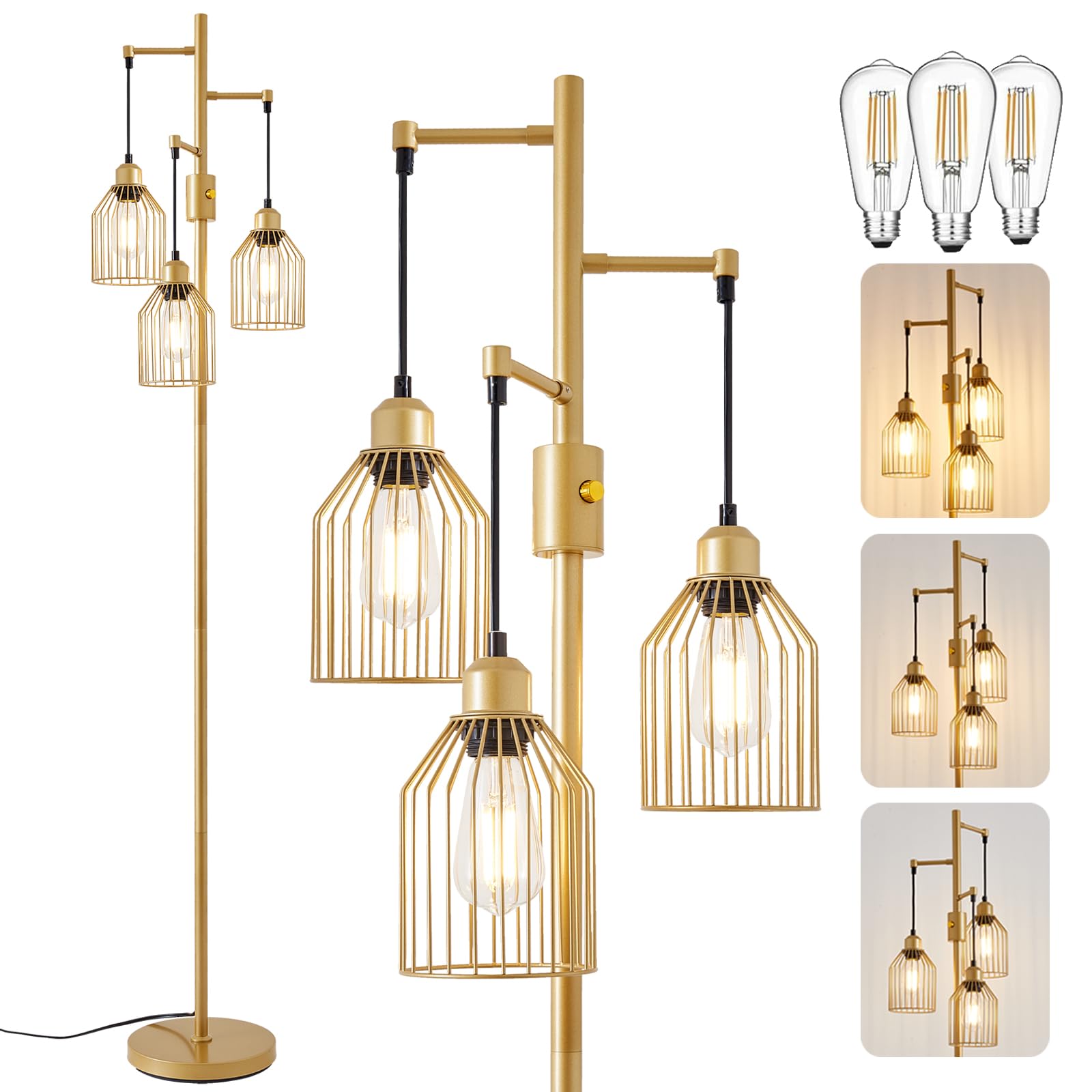 Photo 1 of A1A9 Dimmable Floor Lamp for Living Room, Farmhouse Floor Lamps with Elegant Hanging Cage, 3 x LED Edison Bulbs Included, 68.5" Industrial Standing Light for Bedroom Office Home Decor (Gold)