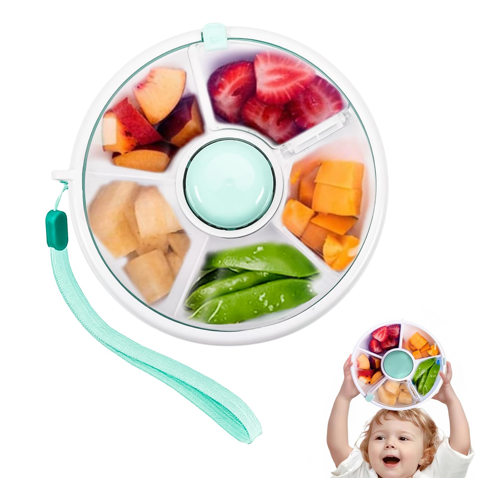 ExcellaElite Snack Spinner Kids Container Portable Spinning Snack Box Snack Spinner Rotating Portable Reusable Snack Container with 5 Compartment Dispenser and Lid for School Work Picnic Travel
