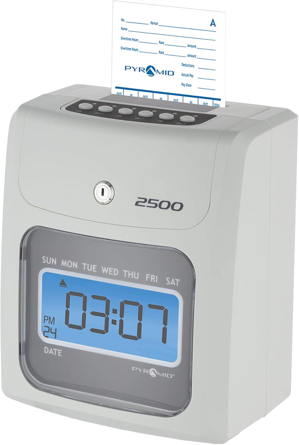 Pyramid Time Systems 2500K1 Bundle, Includes Model 2500 Auto Aligning and Top Loading Time Clock, 100 time Cards, Two Ink Ribbon cartridges, one 10 Slot time Card Rack and Two Security Keys : Office Products