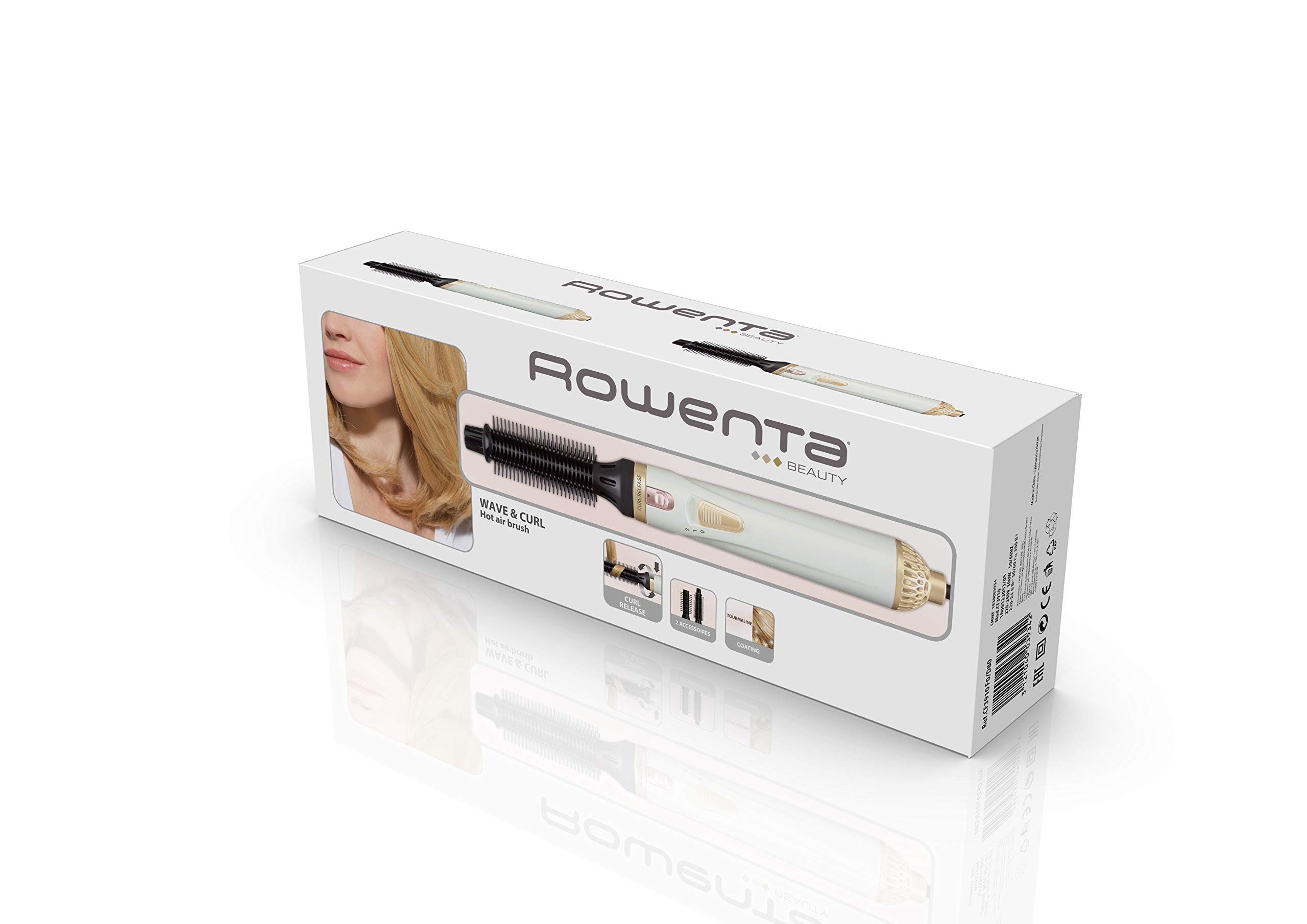 Rowenta Warmluftlockenburst Hot Air Brush Curl Release, 21mm & 25mm Attachments, Ionic & Tourmaline Technology, White