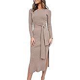 ANRABESS Womens Long Sleeve Sweater Dress Crew Neck Slim Fit Slit Tie Waist 2025 Ribbed Knit Bodycon Midi Dress Fall Outfits
