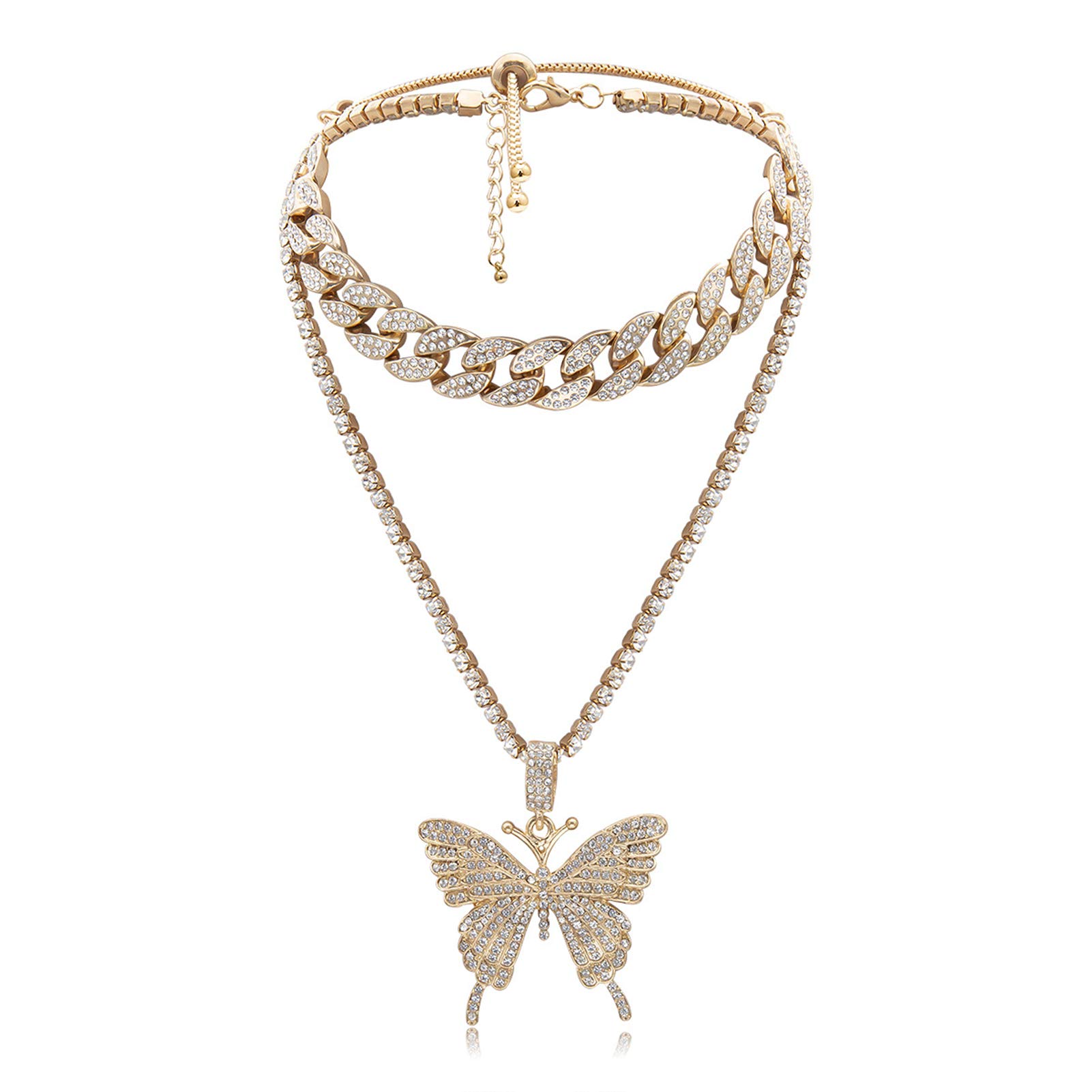 HMOOY Butterfly Cuban Link Necklace Women Hip Hop Choker Necklace Big Butterfly Pendant Necklace Tennis Chain Necklace Fashion Jewelry for Women (Gold)
