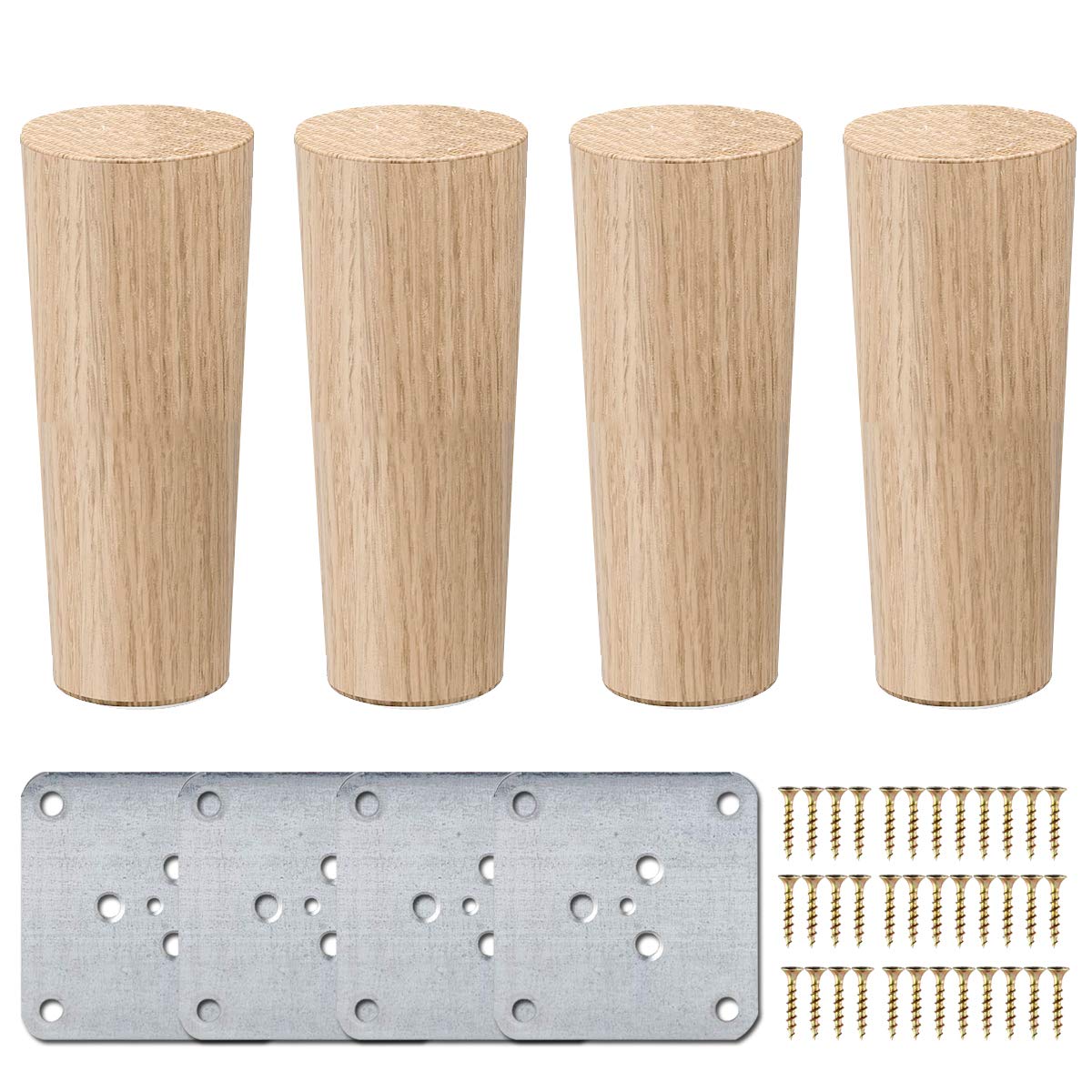 La Vane 12 inch / 30cm Wooden Furniture Legs, Set of 4 Solid Wood Cone Shaped Furniture Replacement Feet with Mounting Plate & Screws for Sofa TV Cabinet Bed Dining Table