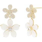 Frigotine Chunky White Black Flower Dangle Earrings for Women, Trendy Hypoallergenic Rhinestone Long Five Petal Dangling Earing Spring Birthday Holiday Jewelry Gift