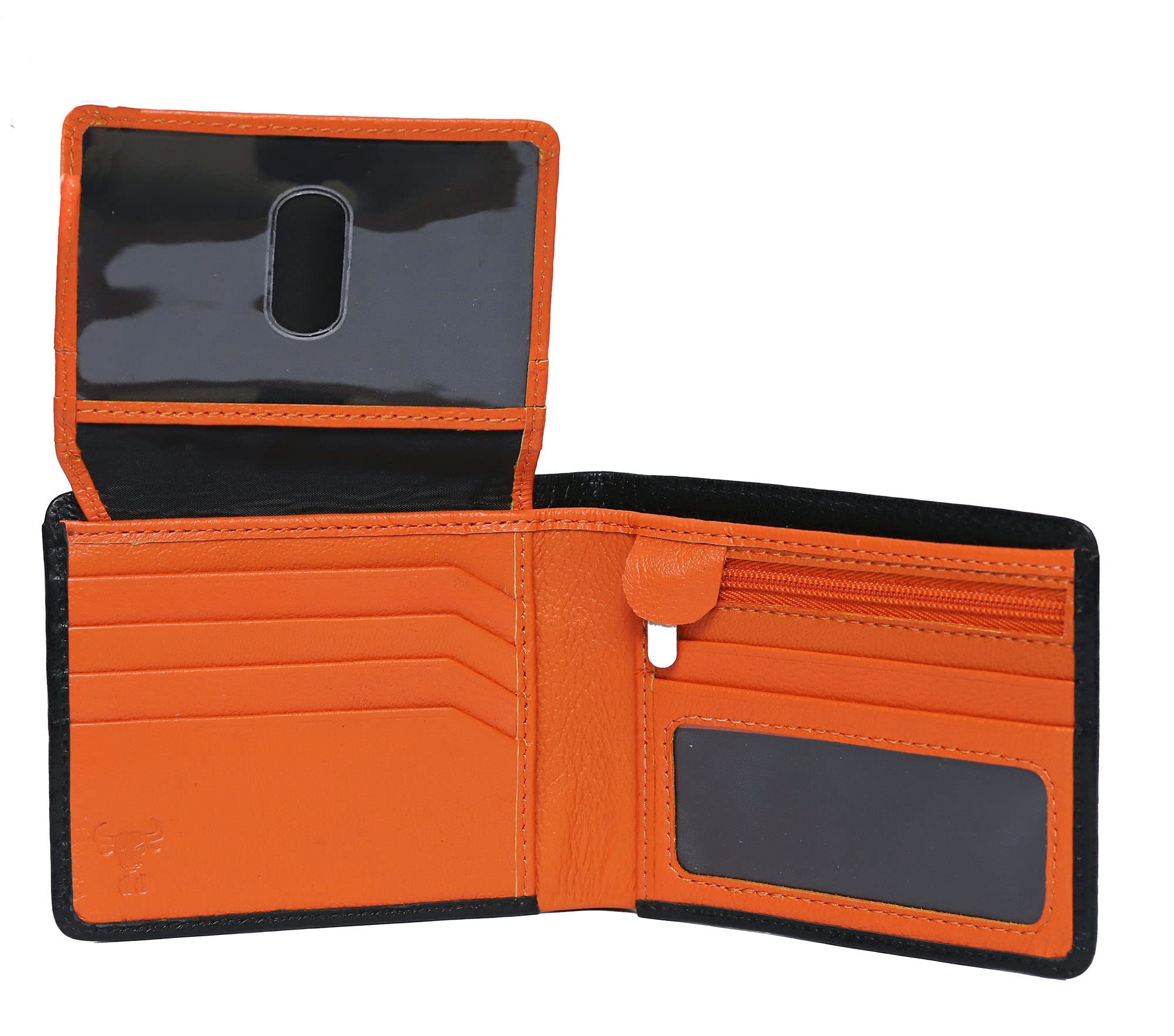 diodoro Mens 100% Cow Leather, 11 Card Slots, Slim Compact Design, Full RFID Blocking, 2 ID Windows, 1 Coin/Security Pocket, 2 Note Pockets, Comes with Black Gift Box - Black/Orange