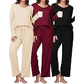 Simlakey 3 Pack Women's Pajama Set Long Sleeve Pajamas Top and Pants Soft V Neck Pjs Set Loungewear with Pockets