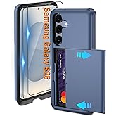 Pilaru for Samsung Galaxy S25 Case with Card Holder and (2 Pcs) HD Screen Protector, Slim Heavy Duty Dual Layer Shockproof Design & Hidden Card Slot Wallet Case for Galaxy S25-Blue