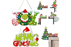 BWFY Grinch Merry Xmas 2Pcs Wooden Hanging Door Sign & 4 Pack Wooden Corner Door Decorations - Christmas Decor for Yard, Porch & Wall - Holiday Themed Tree Decor for Party Supplies-B01