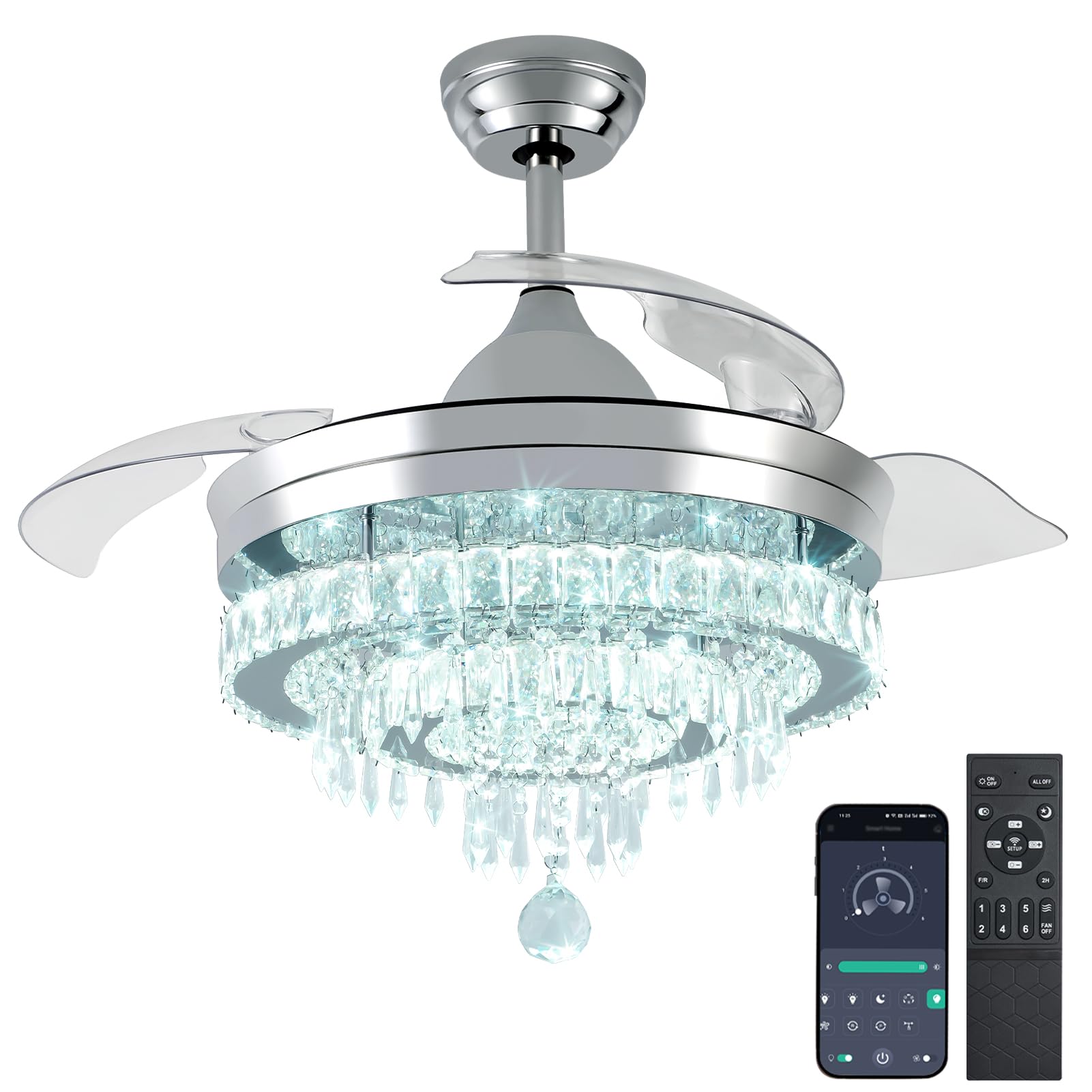 Photo 1 of Modern Fandelier Ceiling Fans with Light and Remote APP Control, Crystal Chandelier Fan | Retractable Invisible Blades Quiet DC Motor Dimmable LED Light for Bedroom, Living Room, 42" Silver                                                                  