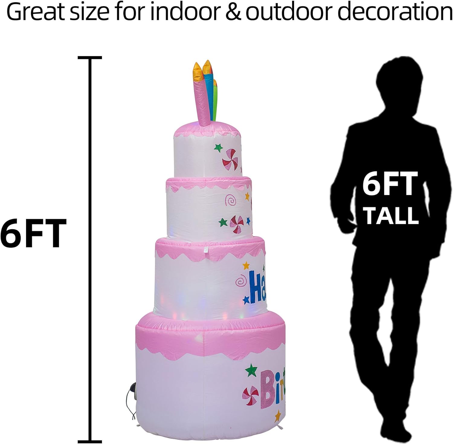 AJY 6 Feet Tall Cute Inflatable Happy Birthday Cake with Candle Blow Up Indoor Outdoor Yard Lawn Decoration: Garden & Outdoor