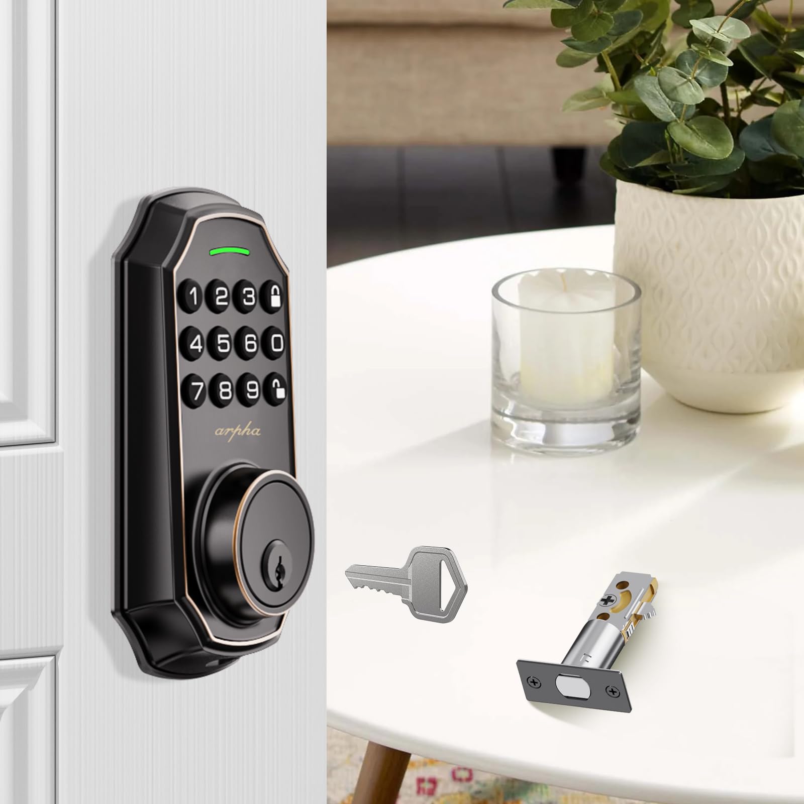 ARPHA Door Lock with Keypad - 100 Password Privacy Combinations, Keypad Entry, Automatic Lock/Unlock, One Touch Lock, Easy to Install Password Deadbolt, Door Lock Front Door