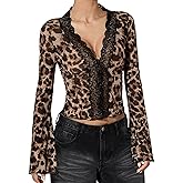 MakeMeChic Women's Leopard Print Lace V Neck Scallop Trim Long Sleeve Blouse Shirt Tops