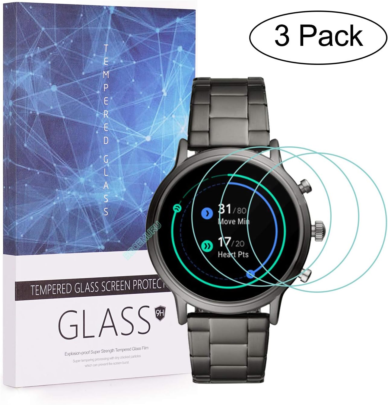 BECEMURU Fossil Gen 5 Smartwatch Screen Protector 9H Full Coverage Screen Tempered Glass Protector for Fossil CARLYLE HR(Gen 5 Smartwatch) (3 Pack)