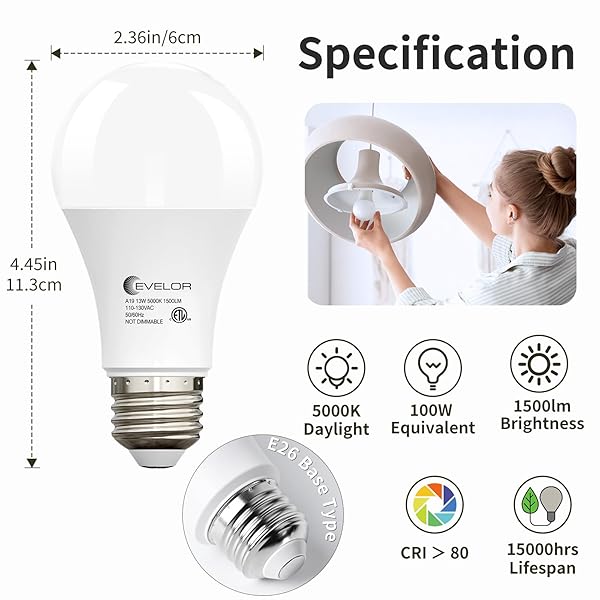 EVELOR A19 LED LIGHT BULBS,100 WATT EQUIVALENT DAYLIGHT 5000K EFFICIENT 13W,1500 LUMENS E26 BASE, NON-DIMMABLE, 15000-HOUR LIFESPAN FOR BEDROOM, LIVING ROOM, OFFICE, 6-PACKS