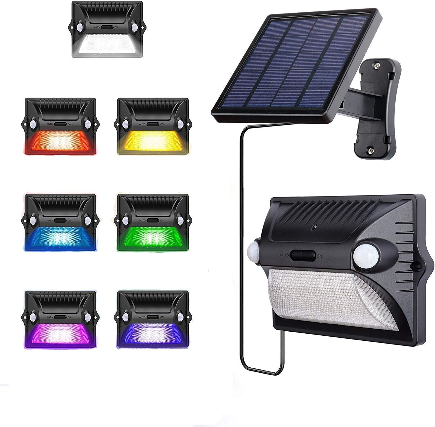 AREOUT Wall Solar Motion Sensor Light Outdoor Waterproof with Separate Panel12 LED Dual Head Sensor Color Changing Solar Security Lights
