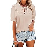 siliteelon Women's Short Puff Sleeve Ruffle Tops Bow Tie Front Shirts Peter Pan Collar 2026 Summer Cute Dressy Casual Blouses
