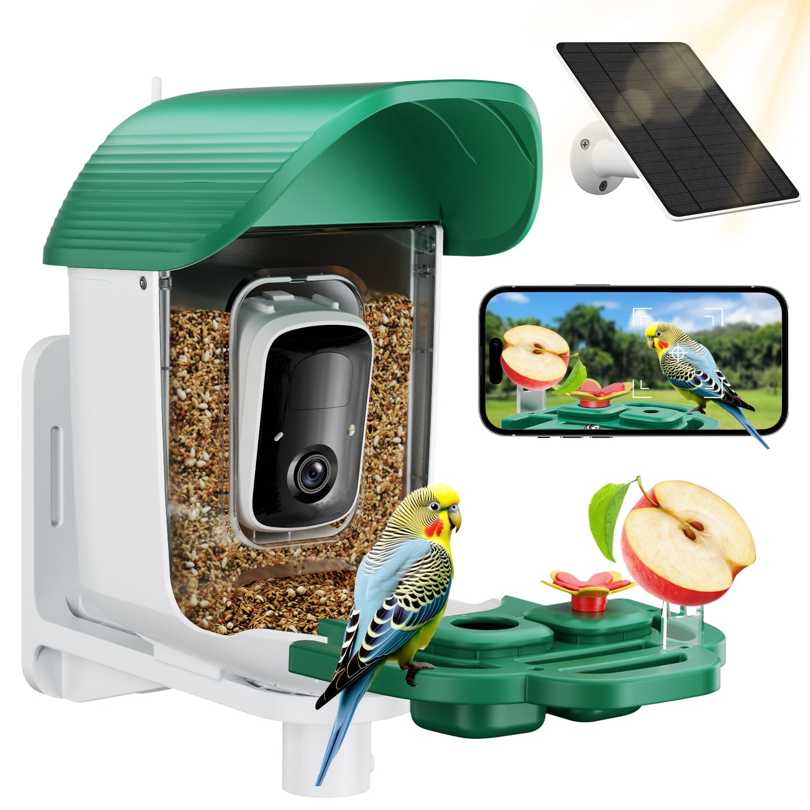 Photo 1 of Bird Feeder with Camera, Solar Powered Outdoor Birdhouse, 2K HD AI Smart Identify Birds Species, Instant Motion Detection & Alerts, Capture BirdVideo, Gifts for Mom Dad and Bird-Lovers(Green)