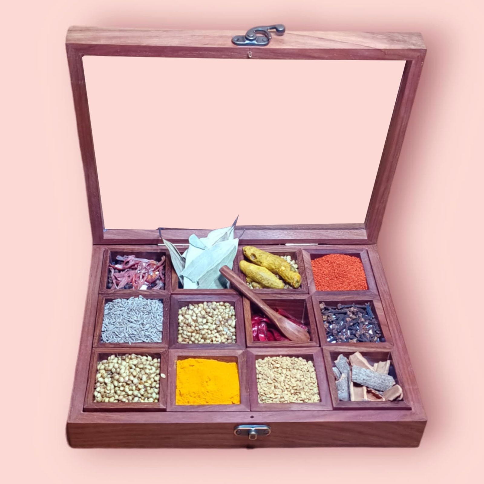 SATYA EXPORTS Wooden Spice Box 12 container Wooden Utility Masala Box/Glass Top/Made of Finest Wood/Quality Assured Spice Box only Express