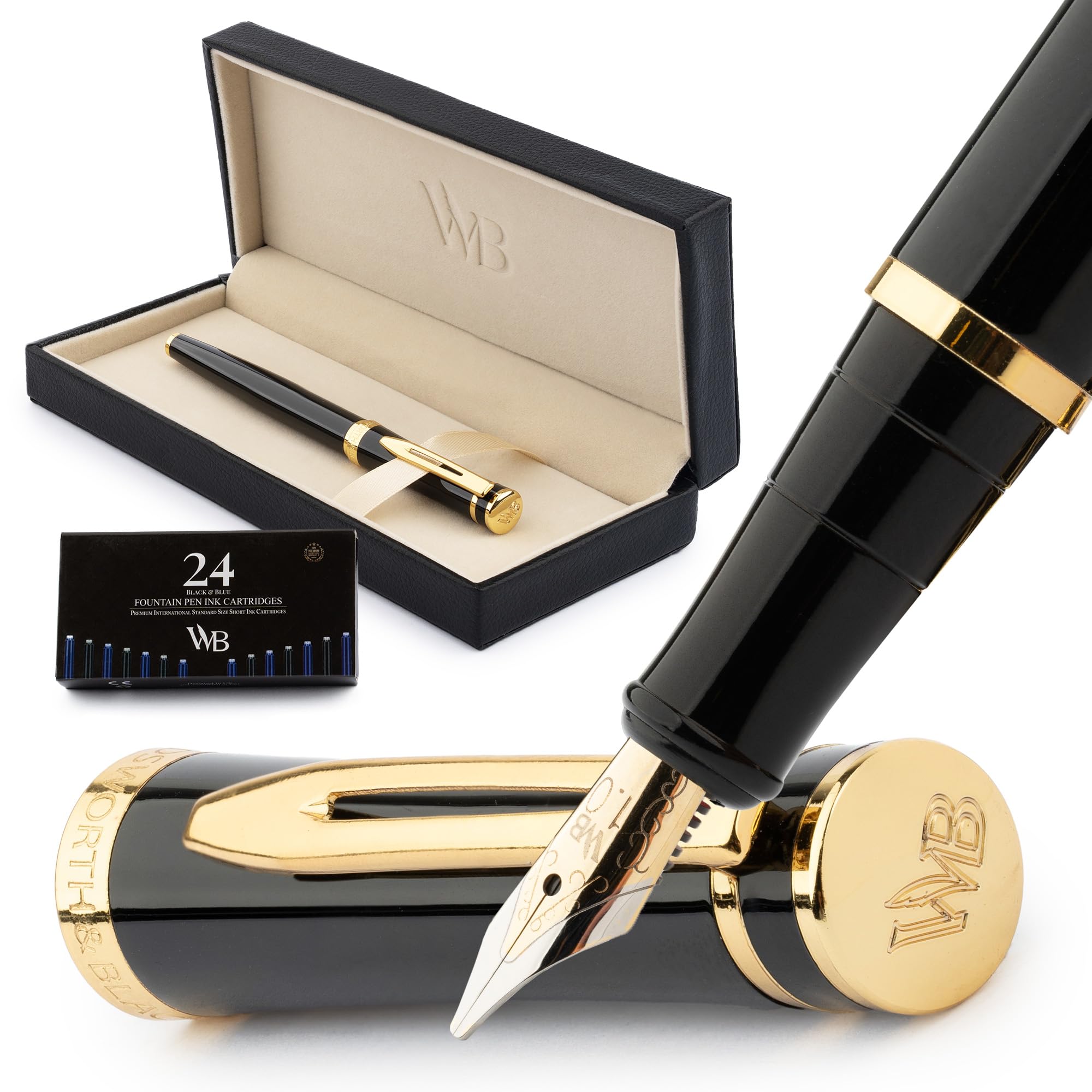 Wordsworth & Black - Wide Fountain Pen Set Includes 24 Ink Cartridges, Ink Refill Converter and Gift Case, Chrome Finish, Calligraphy, Gold and Black — image 1