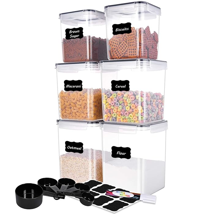 ME.FAN Food Storage Containers [Set of 6] Pantry Bulk Food Canisters-Flour Container Airtight Storage Keeper with 5 Set Measuring Cups 24 labels & Pen Ideal for Sugar, Flour, Baking Supplies - Black