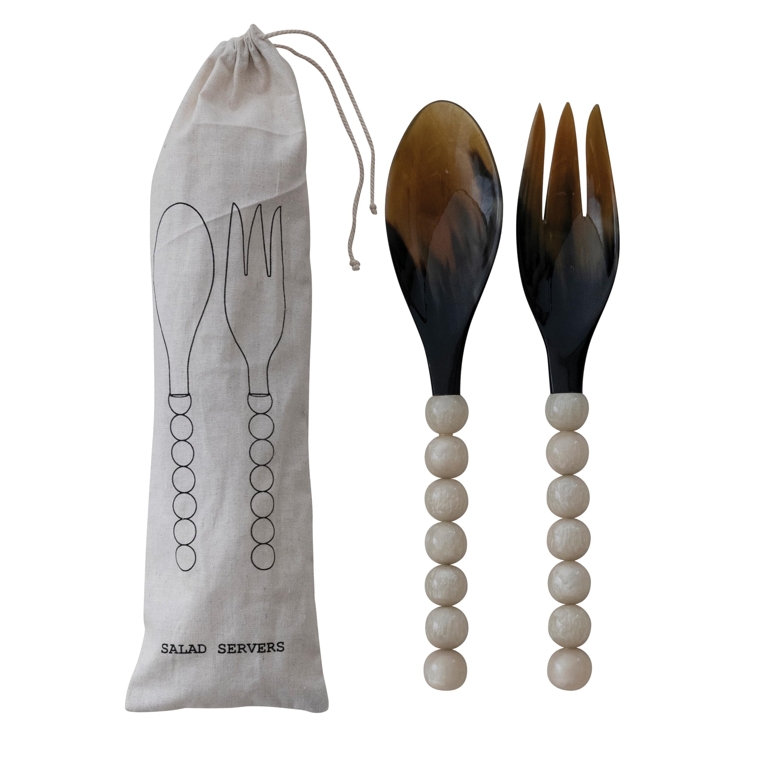 Creative Co-Op Natural Buffalo Horn Spoon and Fork Salad Servers w/Handles, Cream