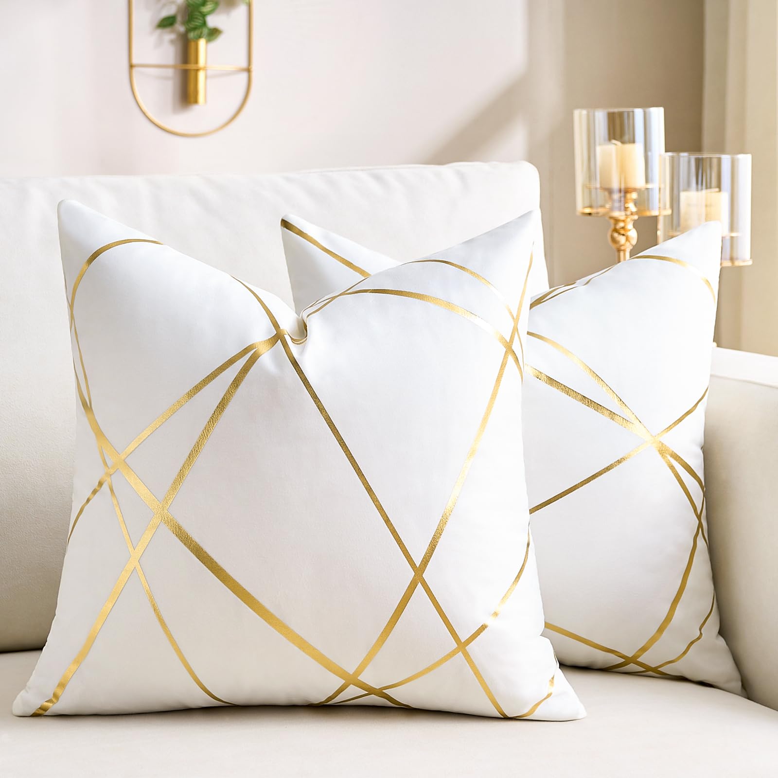 2 Pack Velvet Cushion Covers 18 x 18 Inch Gilded Throw Pillow Covers Decorative Velvet Sofa Cushions Gold Lines geometry Pattern White Square Decorative Soft Home for Sofa Living Room