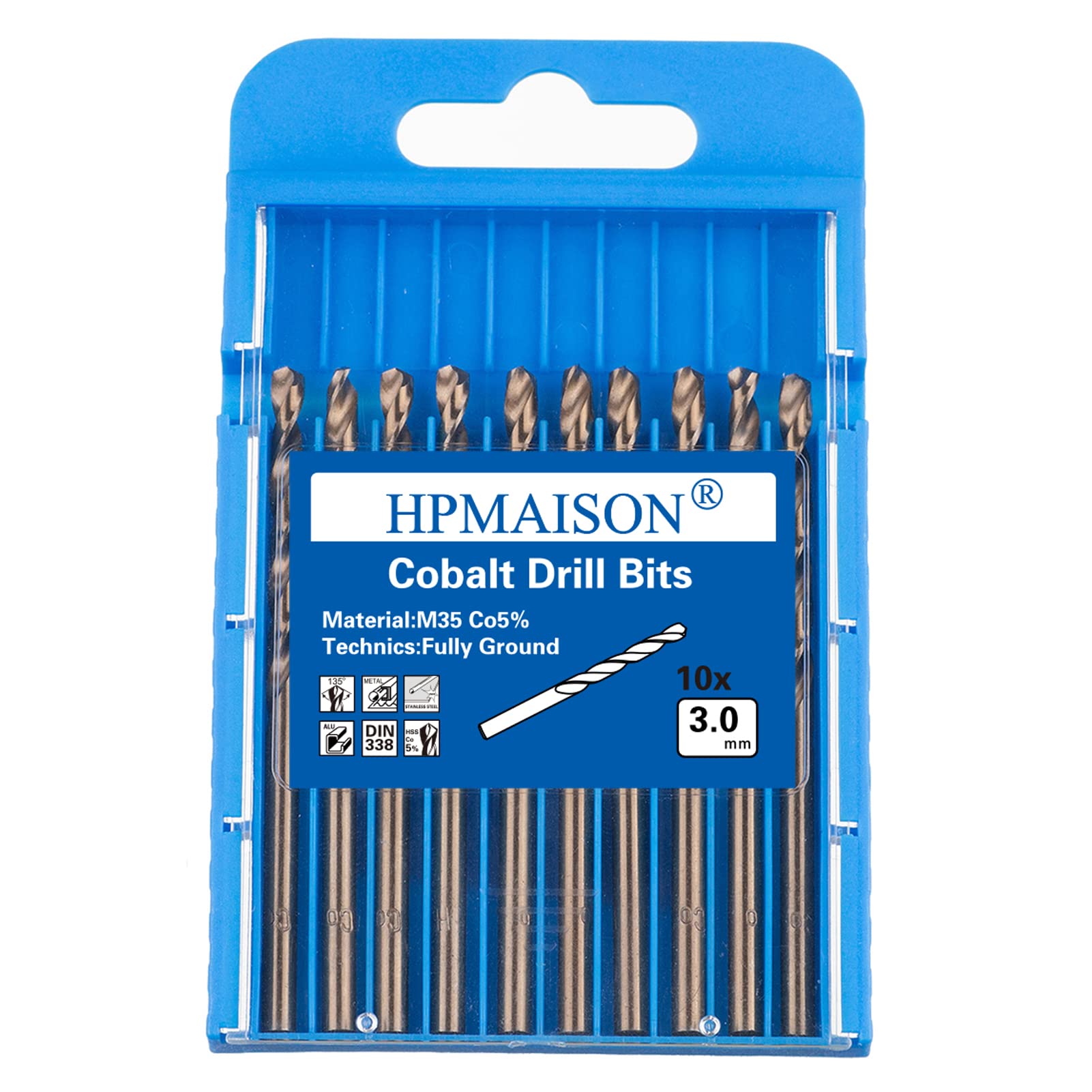 HPMAISON True 5% Cobalt Jobber Drill Bit Set, 10Pcs 3mm M35 High Speed Steel Twist Drill Bits, 135° Split Point Extremely Heat Resistant for Stainless Steel, Cast Iron, Hard Metal, Plastic, Wood — image 1