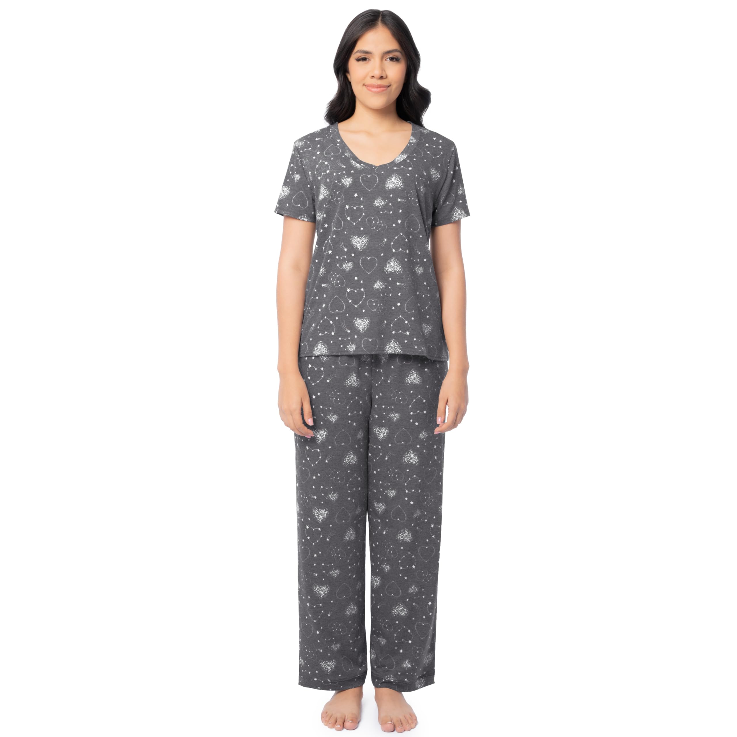 Fruit of the Loom Women's Short Sleeve Tee and Pant 2 Piece Sleep Pajama Set, Charcoal/Hearts, Small Image