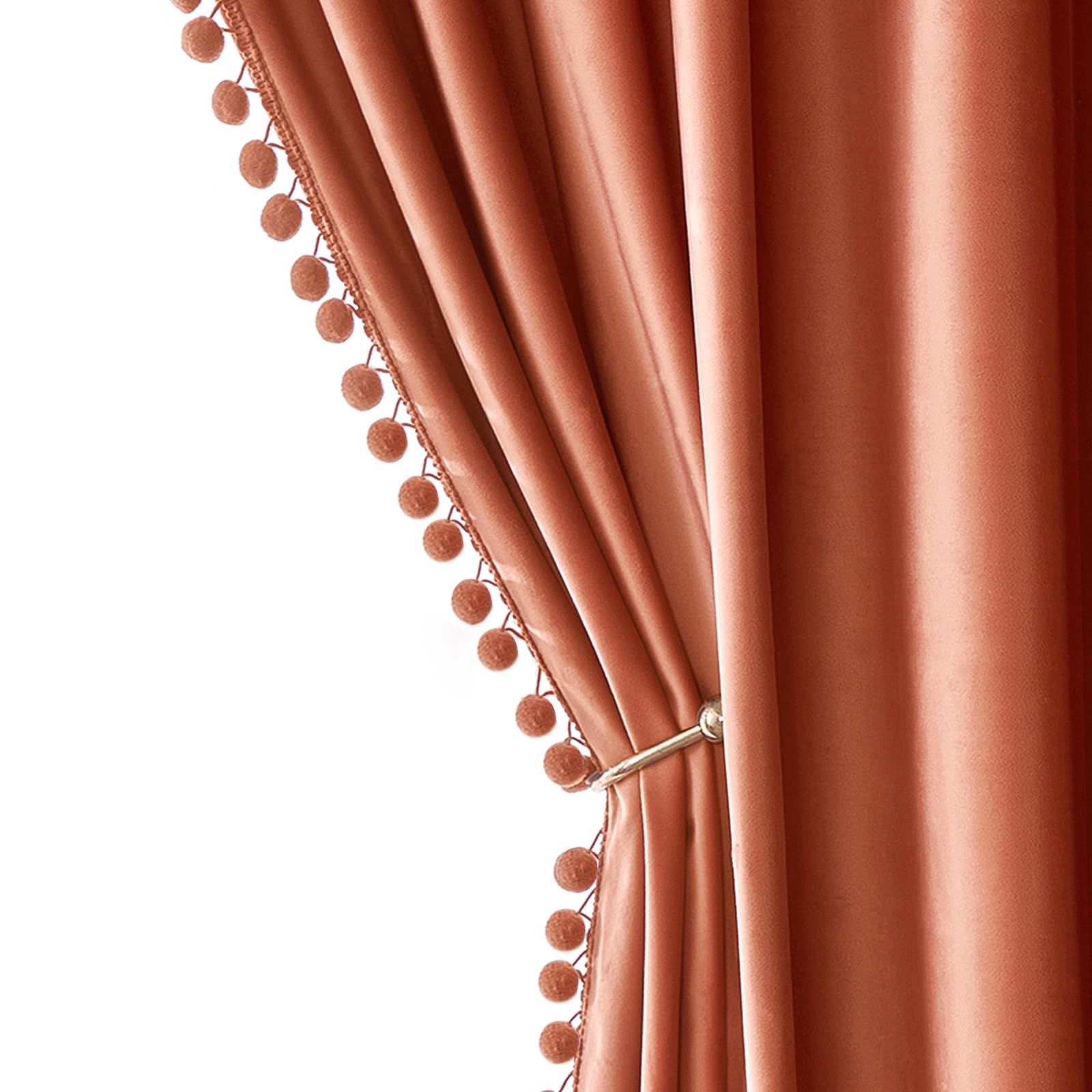 MIULEE Fall Burnt Orange Pom Pom Velvet Curtains for Bedroom/Living Room Darkening Thermal Insulating 63 Inches Long Blackout Curtains with Rod Pocket for Girls Room/Nursery/Home Theater Set of 2 Image