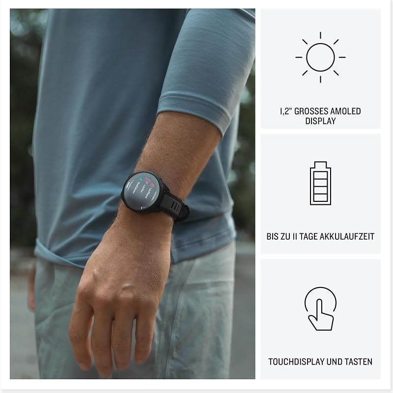 Forerunner 165 43mm - Lauf-Smartwatch, 1,2" AMOLED Touchscreen, bis zu 11 Tage Akkulaufzeit, 25+ Sport-Apps, Trainingsempfehlungen, Gesundheitsdaten, smarten Funktionen