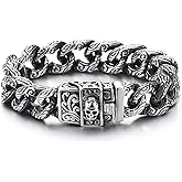 COOLSTEELANDBEYOND Gothic Retro Style Mens Large Steel Tribal Swirl Patterns Curb Chain Bracelet with Skull Box Clasp