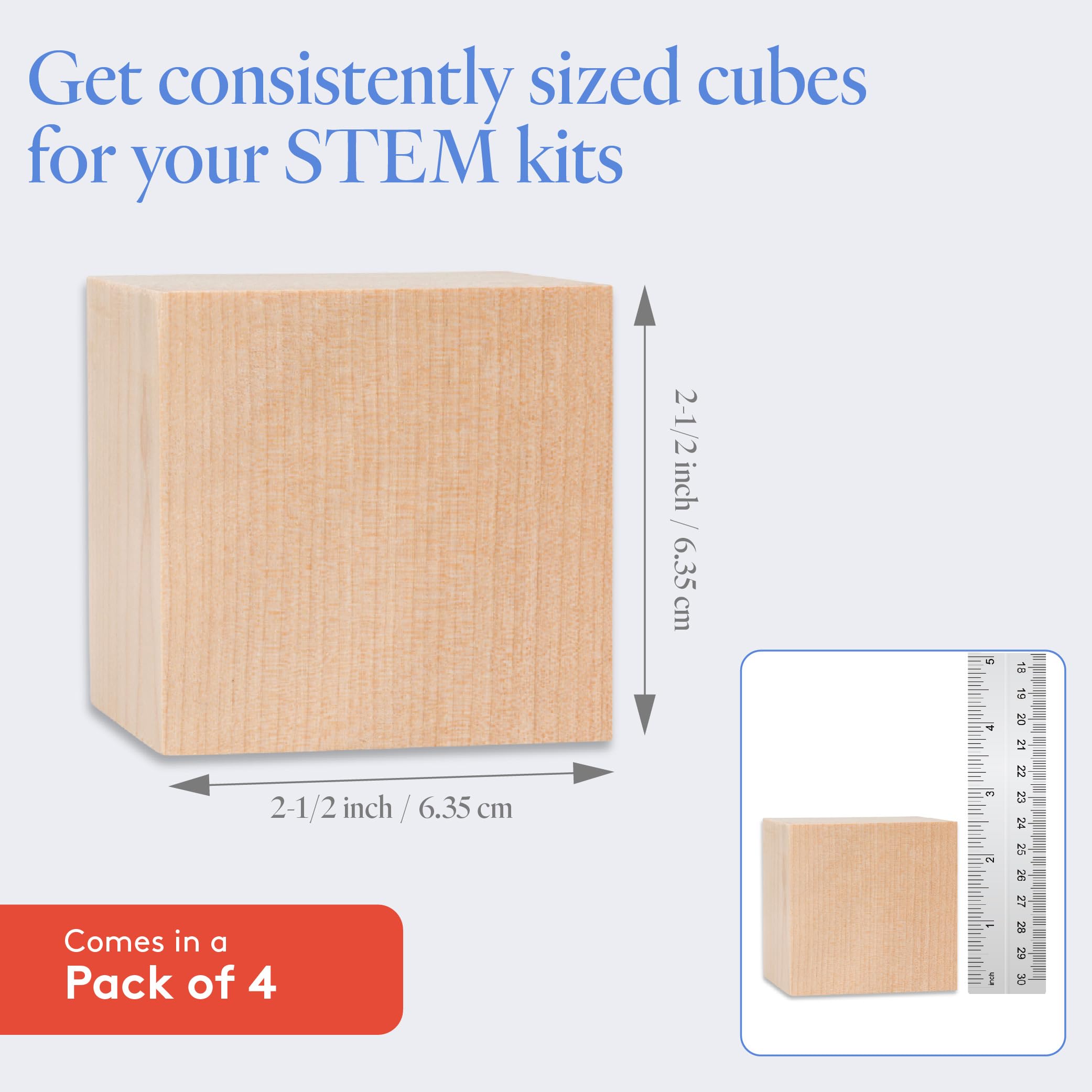 DIY Wooden Cubes 2-1/2-inch, Pack of 4 Large Wooden Blocks, Unfinished Wood Blocks for Crafts, STEM, Dice, and Building Blocks for Stacking, by Woodpeckers